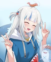 1girl absurdres animal_costume bloop_(gawr_gura) blue_hair blue_hoodie closed_eyes double_v ebi-chan_(gawr_gura) fins fish_tail gawr_gura gawr_gura_(1st_costume) highres hololive hololive_english hood hoodie liu_han looking_at_viewer medium_hair multicolored_hair open_mouth shark_costume shark_girl shark_tail sharp_teeth streaked_hair tail teeth v virtual_youtuber white_hair