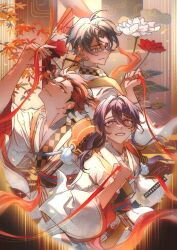 Rule 34 | 3boys, adam&#039;s apple, ahoge, akatsuki (ensemble stars!), black background, black hair, checkered clothes, chinese knot, closed mouth, confetti, crying, crying with eyes open, curtained hair, double-parted bangs, earrings, ensemble stars!, floating hair, flower, fur shawl, glasses, green eyes, green hair, grey-framed eyewear, hair between eyes, hair intakes, hair slicked back, hasumi keito, head back, highres, holding, holding umbrella, idol, japanese clothes, jewelry, kanzaki souma, katana, kimono, kiryu kuro, leaf, light blush, light particles, long hair, long sleeves, looking down, looking up, male focus, maple leaf, multicolored hair, multiple boys, multiple earrings, obi, official alternate costume, open mouth, parasol, parted bangs, ponytail, purple eyes, purple hair, red flower, red hair, red ribbon, ribbon, sash, scabbard, shawl, sheath, short hair, sidelocks, smile, sparkle, spiked hair, streaked hair, sword, tearing up, tears, umbrella, weapon, white flower, white kimono, whiten wolf, wide sleeves, yellow background