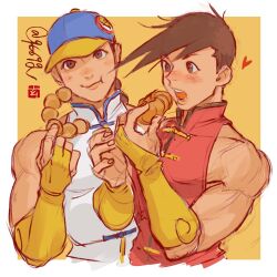 Rule 34 | 2boys, arm up, arms up, bare shoulders, baseball cap, black trim, blue trim, blush, braid, bridal gauntlets, brothers, brown eyes, brown hair, chewing, chinese clothes, collared shirt, commentary request, cropped torso, eating, food, hat, heart, holding, holding food, kurononekojyo, long bangs, male focus, mandarin collar, multicolored hat, multiple boys, open mouth, pastry, shirt, siblings, single braid, sleeveless, sleeveless shirt, street fighter, street fighter iii (series), teeth, twins, twitter username, white background, yang lee, yellow bridal gauntlets, yun lee