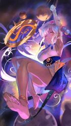 1girl anklet bare_shoulders barefoot black_nails blue_ribbon blue_skirt breasts choker dark-skinned_female dark_skin elbow_gloves feet full_body gloves hair_ornament halter_shirt halterneck highres hololive hololive_english jewelry kouhiipan large_breasts light_brown_hair limiter_(tsukumo_sana) long_hair looking_at_viewer miniskirt nail_polish night night_sky one_eye_closed overskirt planet planet_hair_ornament pleated_skirt ribbon shirt sideboob sidelocks skirt sky sleeveless solo space starry_sky_print stretching toenail_polish toenails tsukumo_sana tsukumo_sana_(1st_costume) twintails underbust very_long_hair virtual_youtuber white_gloves white_shirt white_skirt yatagarasu_(tsukumo_sana) yellow_eyes