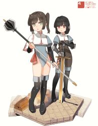 Rule 34 | 2girls, absurdres, artist name, black boots, black gloves, black hair, blue leotard, boots, breasts, brown hair, chikuwa fan973, closed mouth, elbow gloves, gloves, green eyes, high heel boots, high heels, highres, holding, holding sword, holding weapon, leotard, looking at viewer, multiple girls, original, red eyes, short twintails, simple background, small breasts, standing, sword, thigh boots, twintails, weapon, white background