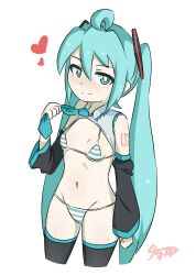 aged_down bikini black_thighhighs blue_eyes blue_hair blush breasts hatsune_miku heart jua long_hair looking_at_viewer navel nose panties simple_background small_breasts smile sweat swimsuit thighhighs underwear vocaloid white_background