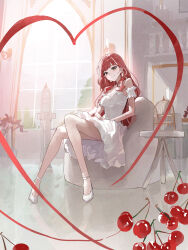 1girl absurdres bare_shoulders breasts brown_eyes commentary_request dress frilled_dress frills heart high_heels highres korean_commentary long_hair looking_at_viewer mac_star original red_hair sitting small_breasts smile very_long_hair white_dress