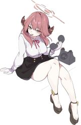 1girl absurdres antique_phone aru_(blue_archive) black_skirt blue_archive blush breasts collared_shirt full_body gloves hair_between_eyes halo high-waist_skirt highres holding holding_phone horns hufy large_breasts long_hair long_sleeves looking_at_viewer neck_ribbon open_mouth orange_eyes phone red_hair red_ribbon ribbon rotary_phone shirt shoes simple_background sitting skirt solo white_background white_gloves white_shirt
