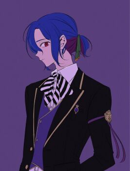 Rule 34 | 1boy, black jacket, blue hair, collared shirt, colored inner hair, epel felmier, gundam, gundam gquuuuuux, hair ribbon, jacket, long sleeves, looking at viewer, lower eyelashes only, male focus, multicolored hair, neck ribbon, night raven college uniform, nitou426, ponytail, profile, purple background, purple hair, red eyes, ribbon, school uniform, shirt, short hair, shuji ito, simple background, solo, tsuchiya shinba, twisted wonderland, two-tone hair, upper body, voice actor connection, white shirt