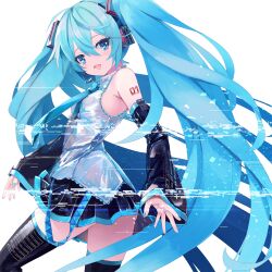 1girl aqua_eyes aqua_hair aqua_nails aqua_necktie aqua_trim arm_tattoo armpit_crease black_boots black_skirt black_sleeves blush boots breasts collared_shirt commentary_request cowboy_shot detached_sleeves frilled_shirt frills from_side glitch hair_ornament hatsune_miku hatsune_miku_expo headset highres long_hair looking_at_viewer mixed-language_commentary necktie number_tattoo open_mouth piano_print pleated_skirt shirt sidelocks skirt sleeveless sleeveless_shirt small_breasts solo takepon1123 tattoo thigh_boots thighhighs twintails untucked_shirt very_long_hair vocaloid white_background wide_sleeves zettai_ryouiki