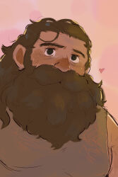 1boy bara beard blush brown_hair chest_hair_peek dark-skinned_male dark_skin dungeon_meshi dwarf facial_hair heart highres long_beard male_focus monkeykg mustache pectorals senshi_(dungeon_meshi) sidepec solo thick_mustache unfinished upper_body