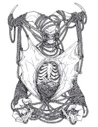 Rule 34 | 1other, arms at sides, body horror, body modification, body piercings, chain, chain around arm, chain around neck, cropped torso, entangled, exposed bone, facing viewer, fingernails, forced smile, ghostgods, gums, hatching (texture), highres, horns, horror (theme), lineart, monster, nib pen (medium), no eyes, no nose, open mouth, original, other focus, pen (medium), sharp fingernails, simple background, skeletal body, solo, surreal, teeth, too many chains, traditional media