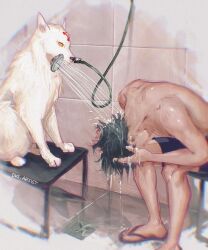 1boy artistdkt black_sandals dog flip-flops fushiguro_megumi gyokuken head_down highres jujutsu_kaisen male_focus sandals shorts showering spiked_hair washing_hair water wet