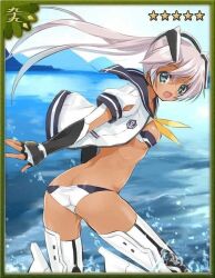 Rule 34 | 1girl, artist request, ass, ayakashi onmyouroku, bikini, black gloves, blue eyes, butt crack, card, dark-skinned female, dark skin, female focus, fingerless gloves, gloves, hair ornament, ocean, open mouth, outdoors, school uniform, serafuku, smile, swimsuit, tagme, tanned male, thighhighs, water, white bikini, white hair, white thighhighs