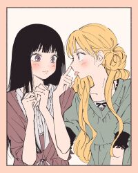Rule 34 | 2girls, black hair, blonde hair, dress, highres, kimi ni todoke, kuronuma sawako, kurumizawa ume, light blush, long hair, multiple girls, polo tokki, shy, simple background, tongue, tongue out