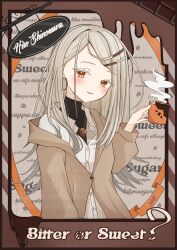 1girl absurdres alternate_costume blonde_hair blush border brown_border brown_coat casual character_name coat collared_shirt colored_eyelashes commentary_request cup earrings english_text eyelashes forehead gakuen_idolmaster grey_background hair_behind_ear hair_ornament hairclip hand_up highres holding holding_cup hoop_earrings idolmaster jewelry long_hair looking_at_viewer necklace open_clothes open_coat orange_eyes orange_ribbon parallel_hairclips parted_bangs parted_lips partially_unbuttoned ribbon shinosawa_hiro shirt simple_background smile solo straight_hair tanabata_natsuki turtleneck upper_body watermark white_shirt