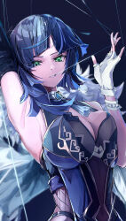 1girl absurdres arm_up armpits asymmetrical_gloves bangle bare_shoulders black_gloves blue_background blue_hair blunt_bangs bracelet breasts cleavage dark_background dot_nose fingerless_gloves fur-trimmed_jacket fur_trim genshin_impact gloves green_eyes hand_up highres hooriyuu jacket jacket_on_shoulders jewelry large_breasts looking_at_viewer medium_hair mismatched_gloves neck_tassel signature simple_background sleeveless solo string string_around_finger string_in_mouth upper_body white_gloves white_jacket yelan_(genshin_impact)