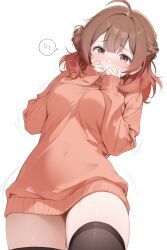 Rule 34 | 1girl, absurdres, ahoge, alternate costume, black thighhighs, blush, breasts, brown hair, brown sweater, commentary, covered navel, gakuen idolmaster, gradient hair, hanami ume, highres, idolmaster, large breasts, long sleeves, multicolored hair, no pants, nose blush, orange hair, pantyhose, simple background, solo, spoken blush, sweater, thighhighs, white background, yumiewuri, zettai ryouiki