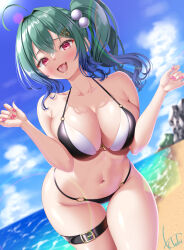 1girl :d ahoge beach bikini black_bikini blue_hair blue_sky breasts cleavage cloud day dutch_angle fang gradient_hair green_hair hair_between_eyes hair_bobbles hair_ornament highres kogarashi_tobi large_breasts long_hair multicolored_bikini multicolored_hair navel o-ring o-ring_bikini open_mouth original outdoors paid_reward_available red_eyes signature skin_fang sky smile solo swimsuit thigh_strap two-tone_bikini two-tone_hair two_side_up white_bikini