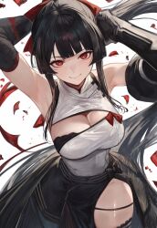 Rule 34 | 1girl, absurdres, armpits, arms behind head, arms up, bare shoulders, black gloves, black hair, black skirt, bow, breasts, cleavage, cleavage cutout, closed mouth, clothing cutout, elbow gloves, gloves, hair bow, highres, large breasts, long hair, looking at viewer, nue (nue no onmyouji), nue no onmyouji, ponytail, red bow, red eyes, shirt, side slit, simple background, skirt, sleeveless, sleeveless shirt, smile, solo, suujiniku, thigh strap, thighs, white background, white shirt