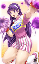 1girl :d arm_up asamiya_athena breasts cheerleader clothes_writing earrings female_focus gloves hairband jewelry kneehighs kneeling large_breasts long_hair looking_at_viewer miniskirt open_mouth pom_pom_(cheerleading) puffy_short_sleeves puffy_sleeves purple_eyes purple_hair purple_shirt red_gloves shirt shoes short_sleeves skirt smile sneakers socks solo striped_clothes striped_skirt the_king_of_fighters thighs vertical-striped_clothes vertical-striped_skirt very_long_hair white_hairband yukitaka