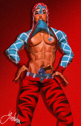 1boy abs animal_print argyle_clothes argyle_hat argyle_sweater biting biting_clothes blush clothes_lift dark-skinned_male dark_skin eyelashes guido_mista gun gun_in_pants handgun hat highres jojo_no_kimyou_na_bouken lips male_focus navel_hair nipples pectorals red_background revolver short_hair standing sweater sweater_lift thick_eyebrows tiger_print vento_aureo weapon yahidna