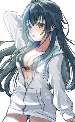 1girl arm_behind_head arm_up bikini blush breasts cleavage collarbone cowboy_shot gakuen_idolmaster green_bikini green_eyes green_hair hair_flaps highres hood hood_down hoodie idolmaster kimi_to_semi_blue_(idolmaster) long_hair long_sleeves looking_at_viewer medium_breasts navel open_mouth partially_unzipped solo standing swimsuit tori_ririisu tsukimura_temari very_long_hair white_background white_hoodie zipper zipper_pull_tab