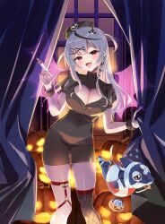 absurdres black_dress black_hair breasts cleavage cowboy_shot demon_girl demon_wings dress fang fishnet_thighhighs fishnets grey_hair halloween halloween_costume hat highres holding holding_syringe hololive indoors inu_(sakamata_chloe) large_breasts long_hair night nurse nurse_cap orca pink_wings pumpkin red_eyes sakamata_chloe single_thighhigh skin_fang solo_focus sunano_reona syringe thighhighs transparent_wings two_side_up virtual_youtuber window wings