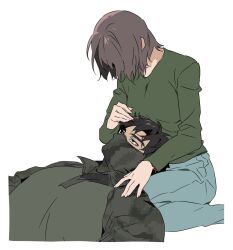 1boy 1girl black_hair blue_pants brown_hair call_of_duty call_of_duty:_modern_warfare_2 camouflage denim green_shirt green_sweater hair_over_eyes horangi_(modern_warfare_2) jeans lap_pillow long_sleeves looking_at_another lying_on_lap mask mouth_mask niktatek0 original pants sanpaku seiza shirt short_hair simple_background sitting sweater white_background