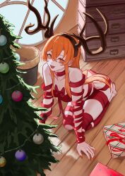 1girl :d absurdres arm_support ass bare_shoulders bow breasts brown_hairband character_request chest_of_drawers christmas christmas_ornaments christmas_present christmas_tree cleavage collarbone commentary copyright_request double-parted_bangs english_commentary eyebrows_hidden_by_hair fake_antlers fangs fingernails from_above full_body gift grin hair_between_eyes hairband highres leaning_forward legs_together long_eyelashes long_fingernails long_hair long_sidelocks looking_at_viewer medium_breasts naked_ribbon open_mouth orange_eyes orange_hair red_bow red_nails ribbon seiza sidelocks sitting smile solo subu_art teeth thick_eyelashes thighs trash_can upper_teeth_only very_long_hair window wooden_floor