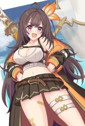 1girl ahoge bandaid belt breasts brown_hair butterfly_net cloud fang fj_hatsu hair_ornament hand_net hands_on_own_hips highres huge_weapon iroha_(princess_connect!) large_breasts long_hair miniskirt navel open_mouth pink_eyes princess_connect! single_bare_shoulder skirt sky standing sword thigh_belt thigh_strap thighs weapon