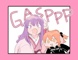 Rule 34 | 2girls, black shirt, blank eyes, border, covering another&#039;s ears, earrings, fate/grand order, fate (series), fujimaru ritsuka (female), hair between eyes, hair ornament, hair scrunchie, jewelry, meme, multiple girls, one side up, oneroom-disco, open mouth, orange hair, parvati (fate), pink border, purple eyes, purple hair, ruby says fuck (meme), scrunchie, shirt, sound effects, sound effects only, surprised