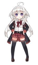 &gt;:3 1girl :3 ahoge belt black_thighhighs blazer blush bow bowtie braid dress_shirt fang female_focus full_body hands_on_own_hips jacket legs_apart loafers long_hair long_sleeves looking_at_viewer off_shoulder open_clothes open_jacket original pixiv_fantasia pixiv_fantasia_fallen_kings plaid_bow plaid_bowtie plaid_clothes plaid_neckwear plaid_skirt pleated_skirt purple_eyes saru shirt shoes simple_background skirt smile solo thighhighs v-shaped_eyebrows very_long_hair white_background white_hair wing_collar zettai_ryouiki