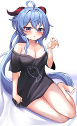 1girl absurdres ahoge bad_feet bare_shoulders black_shirt blue_hair blush breasts cleavage ganyu_(genshin_impact) genshin_impact highres horns long_hair looking_at_viewer medium_breasts naked_shirt open_mouth purple_eyes shirt sidelocks sitting solo t-shirt tearing_up thighs triangle_mouth yokozuwari yuki_(best010409)