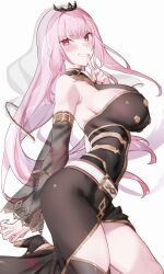 1girl absurdres armlet black_dress black_thighhighs blunt_bangs bracer breasts detached_sleeves dress finger_to_mouth from_side grin hand_up high_heels highres hololive hololive_english jewelry kamiya_maneki kneeling large_breasts long_dress long_hair looking_at_viewer mori_calliope mori_calliope_(1st_costume) pink_eyes pink_hair see-through_clothes see-through_sleeves shushing side_slit sidelocks simple_background single_detached_sleeve single_thighhigh sleeveless sleeveless_dress smile solo straight_hair thighhighs tiara veil virtual_youtuber white_background wide_sleeves