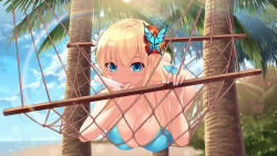 1girl ass beach bikini blonde_hair blue_bikini blue_eyes blue_nails blue_sky blush boku_wa_tomodachi_ga_sukunai breasts butterfly_hair_ornament cait_aron cleavage cloud day flower food hair_flower hair_ornament halterneck hammock hanging_breasts highres holding holding_food kashiwazaki_sena large_breasts long_hair looking_at_viewer lying nail_polish ocean on_stomach palm_tree popsicle rainbow sky solo straight_hair sunlight swimsuit tongue tongue_out tree