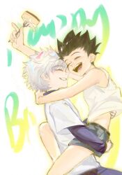 Rule 34 | 2boys, arm around neck, arm up, belt, black belt, black hair, black shorts, blue shirt, cake, cake slice, chinese commentary, closed eyes, clothes lift, commentary request, cowboy shot, feet out of frame, food, fork, gelb, gon freecss, grin, hand on another&#039;s back, happy birthday, highres, holding, holding fork, holding utensil, hunter x hunter, killua zoldyck, layered sleeves, long sleeves, male focus, multiple boys, open mouth, shirt, shirt lift, short over long sleeves, short sideburns, short sleeves, shorts, smile, t-shirt, tank top, teeth, tongue, utensil, white background, white hair, white shirt, white tank top, widow&#039;s peak