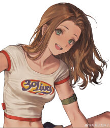 1girl :d amilia_(echoes_of_vision) arm_strap blue_eyes brown_hair close-up collarbone echoes_of_vision highres midriff_peek official_art open_mouth print_shirt quuni shirt smile solo t-shirt teeth upper_body upper_teeth_only watermark weibo_username weibo_watermark white_background white_shirt