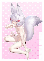1girl absurdres agemmata animal_ear_fluff animal_ears arm_support barefoot between_legs blush bob_cut breasts character_name completely_nude dripping female_pubic_hair fox_ears fox_girl fox_tail full_body hair_ornament heart heart_hair_ornament highres large_tail looking_at_viewer navel nipples nude open_mouth phase_connect pink_eyes pubic_hair short_eyebrows short_hair sitting small_breasts solo tail tenma_maemi thick_eyebrows virtual_youtuber wariza wet white_hair white_pubic_hair white_tail
