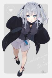 1girl black_bow black_coat black_shirt black_shoes blue_eyes blush border bow character_name coat commentary full_body grey_hair grey_shorts hair_bow hashtag-only_commentary heart highres indie_virtual_youtuber looking_at_viewer nekomugi_tororo okome_(omc_0905) open_clothes open_coat outside_border shirt shoes shorts signature solo tongue tongue_out two_side_up virtual_youtuber white_border