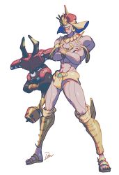 1boy abs battle_tendency crossed_arms crossover domu_(hamadura) expressionless facial_mark fundoshi gen_7_pokemon hat horns japanese_clothes jewelry jojo_no_kimyou_na_bouken legendary_pokemon male_focus male_underwear muscular necklace nintendo pokemon pokemon_(creature) sandals shin_guards signature single_horn tapu_bulu underwear wamuu white_male_underwear