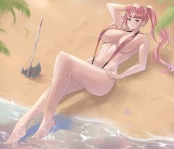 1girl absurdres arm_up armpits axe bare_shoulders beach blush breasts calmgreentori cleavage closed_mouth eyewear_on_head fire_emblem fire_emblem:_three_houses highres hilda_valentine_goneril large_breasts legs long_hair looking_at_viewer lying navel nintendo on_back one-piece_swimsuit pink-tinted_eyewear pink_eyes pink_hair pink_one-piece_swimsuit pink_slingshot_swimsuit slingshot_swimsuit smile solo stomach sunglasses swimsuit thighs tinted_eyewear twintails water
