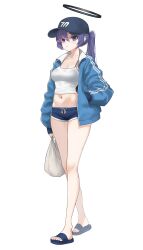 1girl absurdres alternate_costume bag bare_legs baseball_cap black_bra black_hat blue_archive blue_eyes blue_jacket blue_shorts blush bra bra_visible_through_clothes breasts camisole cleavage collarbone commentary crop_top dolphin_shorts full_body halo hand_in_pocket hat hayron highres holding holding_bag jacket long_hair looking_at_viewer medium_breasts navel open_clothes open_jacket plastic_bag ponytail purple_hair sandals short_shorts shorts simple_background solo stomach toes track_jacket underwear walking white_background white_camisole yuuka_(blue_archive)
