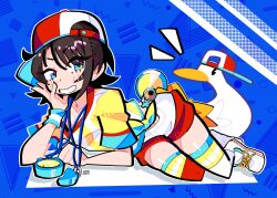 absurdres baseball_cap bird blue_background bourbunbun brown_hair duck geometric_pattern grin halftone hand_on_own_face hat highres hololive lying megaphone on_side oozora_subaru oozora_subaru_(1st_costume) pinstripe_pattern pinstripe_shirt shirt shoes sidelocks sideways_hat smile stopwatch stopwatch_around_neck striped_clothes striped_shirt thighhighs v-shaped_eyebrows vertical-striped_clothes vertical-striped_shirt virtual_youtuber watch whistle whistle_around_neck white_shoes