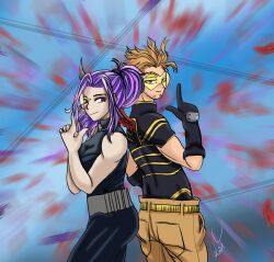 animated animated_gif blonde_hair boku_no_hero_academia hawks_(boku_no_hero_academia) lady_nagant milui87 pants purple_eyes purple_hair shirt sleeveless sleeveless_shirt wings yellow_eyes