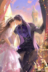 1boy 1girl absurdres asukaashuka back_bow belt bird birdcage black_belt black_choker black_pants bow breasts bridal_veil brown_hair cage candle candlestand castle chinese_commentary choker cloud couple curtains dart dress ear_chain ear_piercing earrings feet_out_of_frame gloves gold_trim hair_over_eyes harness hetero highres holding_dart hood hood_up hooded_jacket imminent_kiss indoors jacket jewelry lapel_pin lens_flare linked_piercing long_dress long_hair love_and_deepspace medium_breasts open_clothes open_jacket palace pants parted_bangs parted_lips piercing pink_bow profile protagonist_(love_and_deepspace) puffy_short_sleeves puffy_sleeves purple_hair purple_jacket purple_shirt rafayel_(love_and_deepspace) see-through_curtains shared_veil shirt short_hair short_sleeves sitting_in_window standing thigh_belt thigh_strap tiara tower upper_body veil watermark wedding_dress weibo_watermark white_dress white_gloves window windowsill zipper