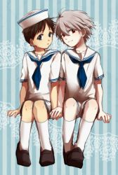 2boys :o aged_down albino blue_eyes brown_hair child gainax grey_hair hat holding_hands ikari_shinji light_smile male_focus multiple_boys nagisa_kaworu neon_genesis_evangelion pale_skin red_eyes sailor smile striped_background tirotiro_popo
