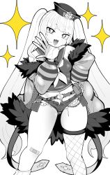 1girl absurdres asymmetrical_legwear azur_lane bache_(azur_lane) bandaid bandaid_on_knee bandaid_on_leg belt breasts denim denim_shorts fang fishnet_thighhighs fishnets fur-trimmed_jacket fur_trim highres jacket long_hair looking_at_viewer midriff navel neckerchief sailor_collar short_sleeves shorts single_thighhigh small_breasts solo sparkle stomach tekitou_nimo_hodo_ga_aru thick_eyebrows thighhighs twintails very_long_hair white_background