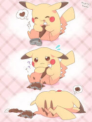 :p ? artist_name closed_eyes closed_mouth commentary_request cream flying_sweatdrops gen_1_pokemon heart highres mugita_konomi nintendo no_humans outline overflowing pikachu pink_background pokemon pokemon_(creature) sitting smile speech_bubble spoken_heart spoken_squiggle squiggle thought_bubble tongue tongue_out wavy_mouth white_outline