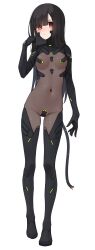 1girl :&lt; absurdres black_bodysuit black_hair blunt_bangs blush bodysuit breasts cable cable_tail closed_mouth commentary_request covered_navel full_body hand_up highres kopaka_(karda_nui) long_hair looking_at_viewer mechanical_tail original parted_bangs red_eyes simple_background small_breasts solo standing tail v-shaped_eyebrows white_background
