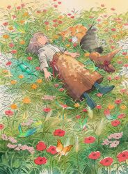 1girl animal bird bow brown_hair brown_hat brown_skirt bug butterfly cat closed_eyes closed_mouth commentary dappled_sunlight day english_commentary field flower flower_field flying full_body green_bird green_butterfly green_socks grey_cat hat hat_bow heikala highres hummingbird insect long_skirt lying magic:_the_gathering meadow medium_hair official_art on_back on_grass on_ground orange_butterfly orange_cat orange_flower outdoors painting_(medium) pink_flower red_bird red_bow red_flower shirt skirt sleeping_animal socks solo staff sunlight three-quarter_sleeves traditional_media unworn_hat unworn_headwear waist_bow watercolor_(medium) white_shirt witch_hat yellow_butterfly