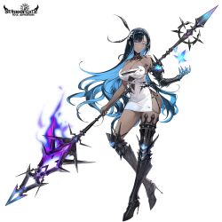 1girl biya_(1024) black_hair blue_hair boots breasts cleavage colored_inner_hair contrapposto crossed_legs dark-skinned_female dark_skin gauntlets high_heel_boots high_heels highres holding holding_polearm holding_weapon large_breasts looking_at_viewer multicolored_hair original polearm purple_eyes seven_knights single_gauntlet solo thigh_boots two-tone_hair weapon white_background
