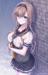 1girl black_headband black_sailor_collar blue_eyes braid breasts brown_hair clothes_writing corset cowboy_shot gloves hachimaki hair_ornament hairband headband highres kabocha_torute kantai_collection large_breasts light_brown_hair long_hair looking_at_viewer medium_breasts multicolored_gloves neckerchief open_mouth orange_neckerchief outdoors propeller_hair_ornament rain sailor_collar school_uniform serafuku solo teruzuki_(kancolle) twin_braids wall wet wet_clothes yellow_neckerchief