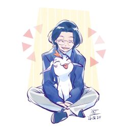Rule 34 | 1boy, blue jacket, blue shoes, closed eyes, dated, digimon, digimon (creature), digimon adventure 02, glasses, gomamon, grey pants, highres, jacket, kido jo, male focus, open mouth, pants, pqtiger, shoes, short hair, sidelocks, signature, sitting, white fur